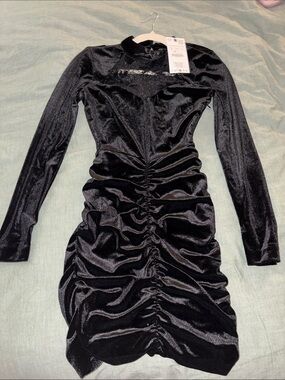 Zara Black Velvet Long-Sleeve Ruched Dress with Sequin Yoke